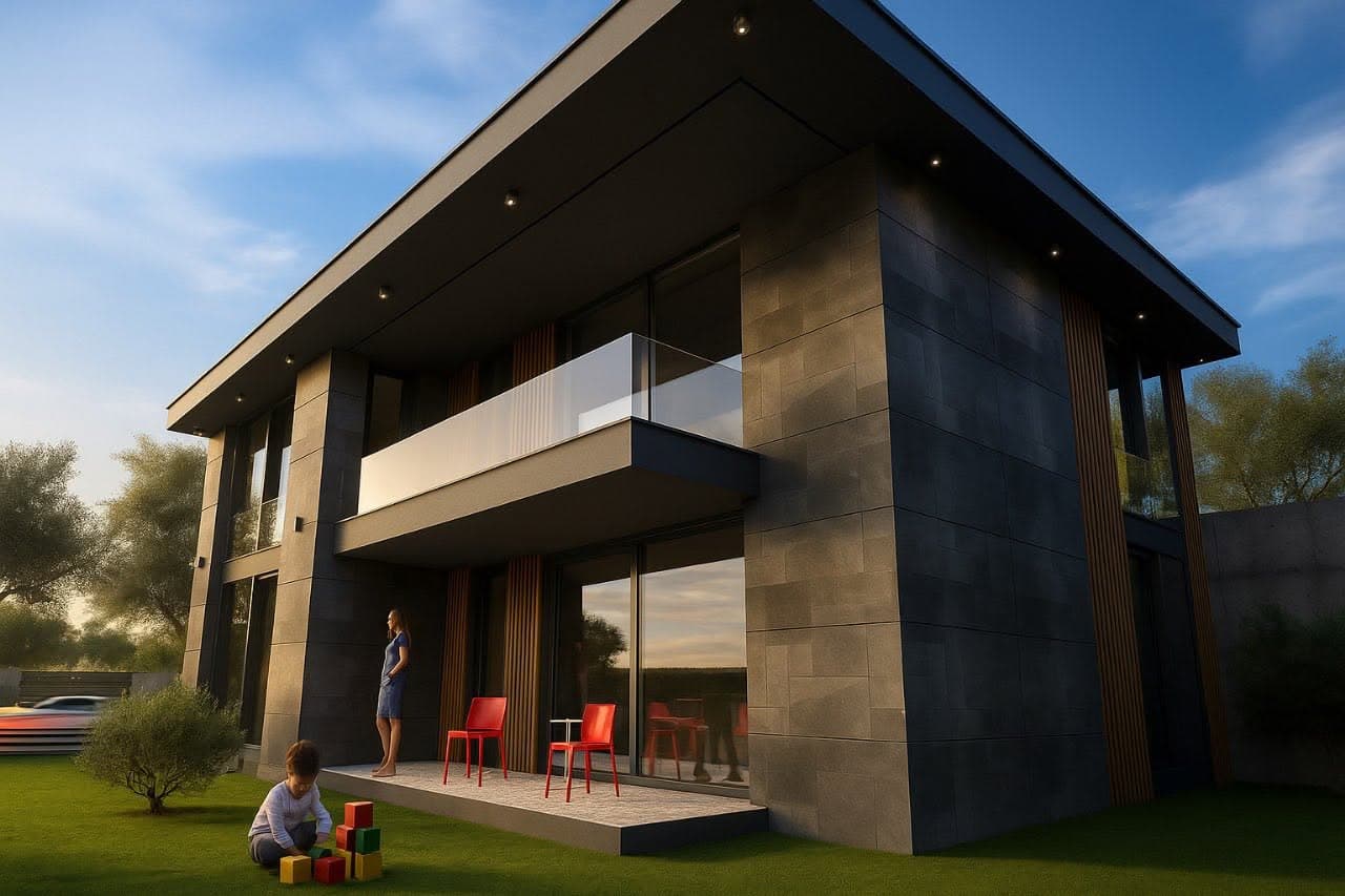 2L Villa in dark stone and timber at dusk