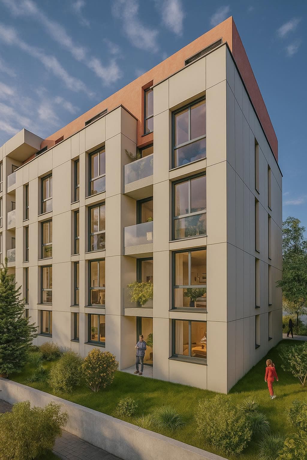 Tall windows and recessed balconies on the garden elevation