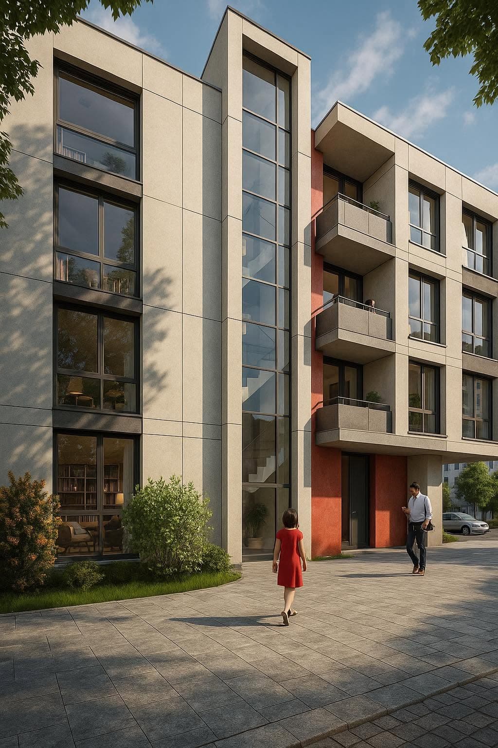 Entrance elevation framed by pale panels and terracotta accents
