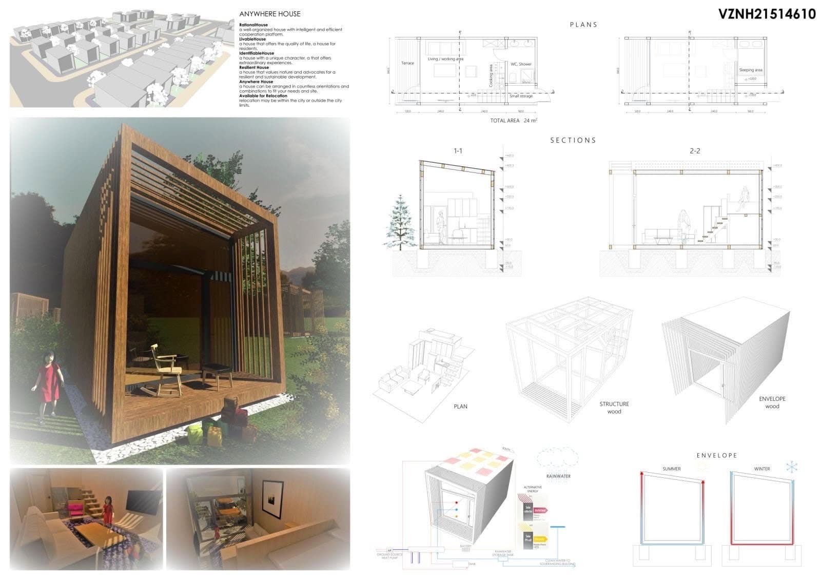 Anywhere House presentation board showing the timber home, plans, sections and environmental systems