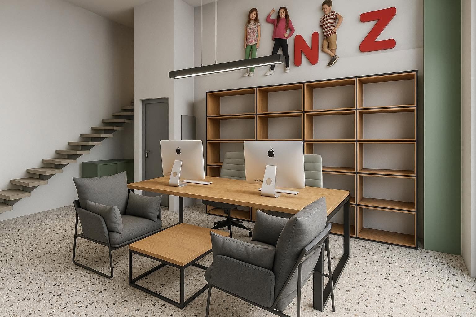 Central meeting table and integrated timber shelving