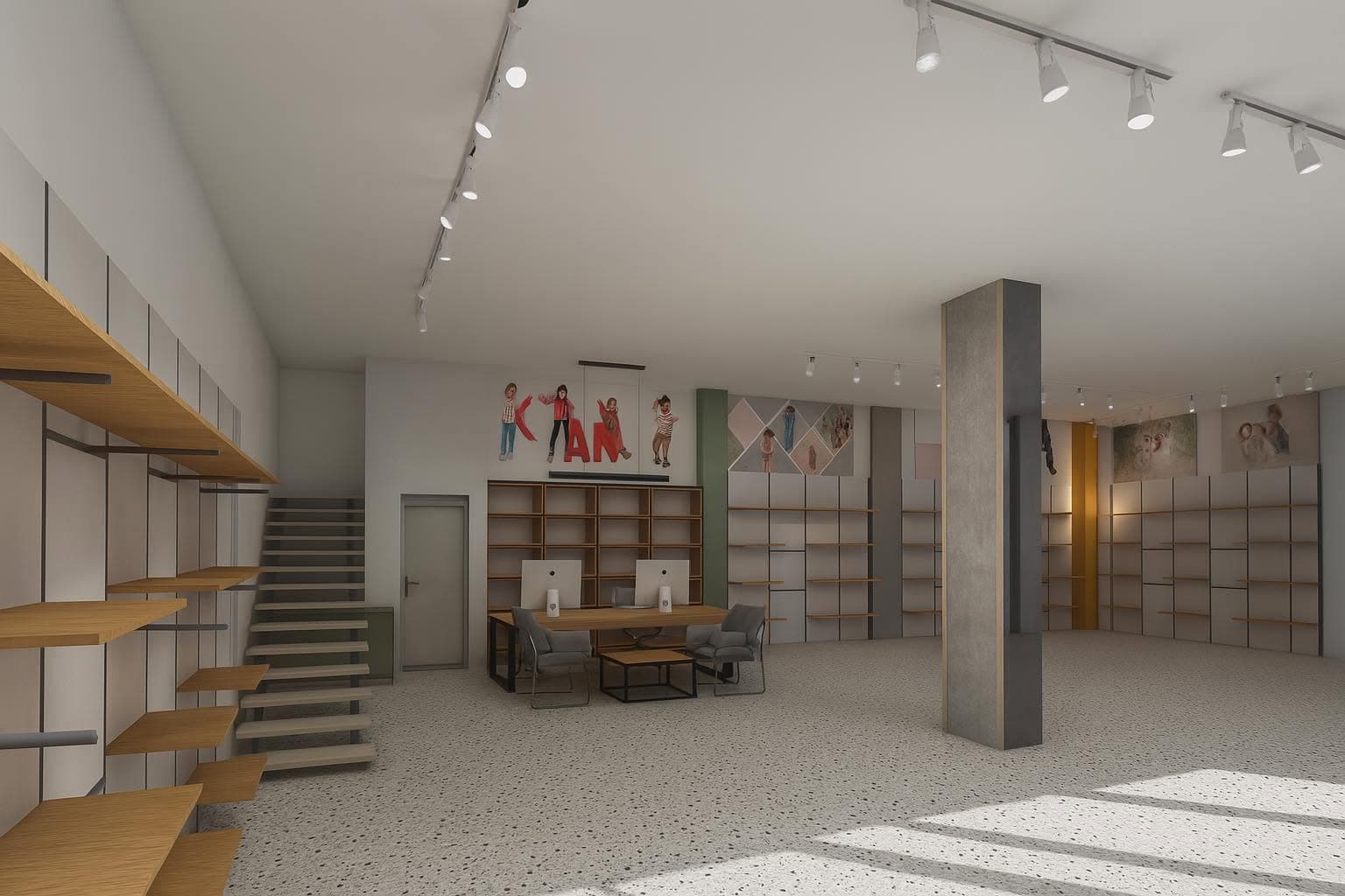 Open retail floor with terrazzo paving and graphic wall lettering