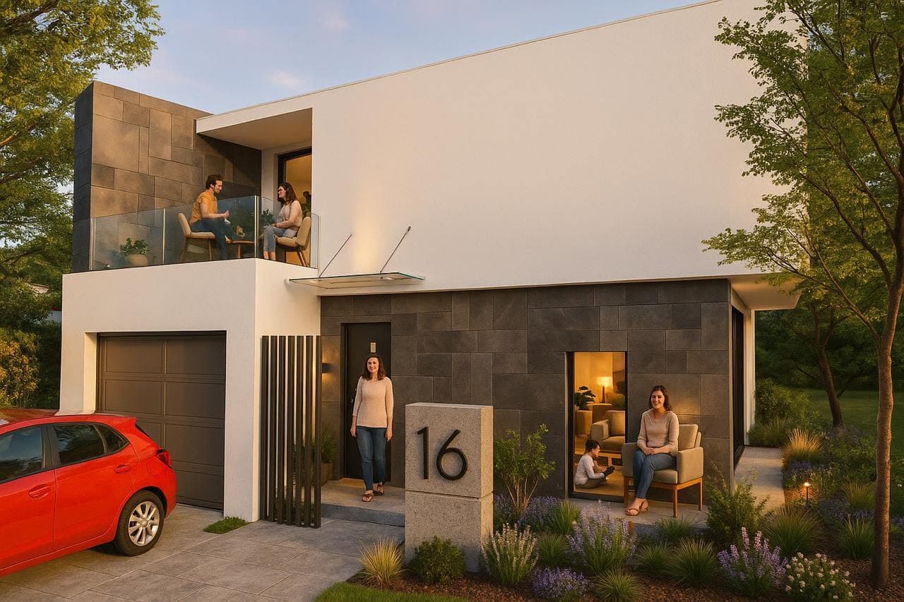 Born Villa with its white upper volume set above a dark stone base