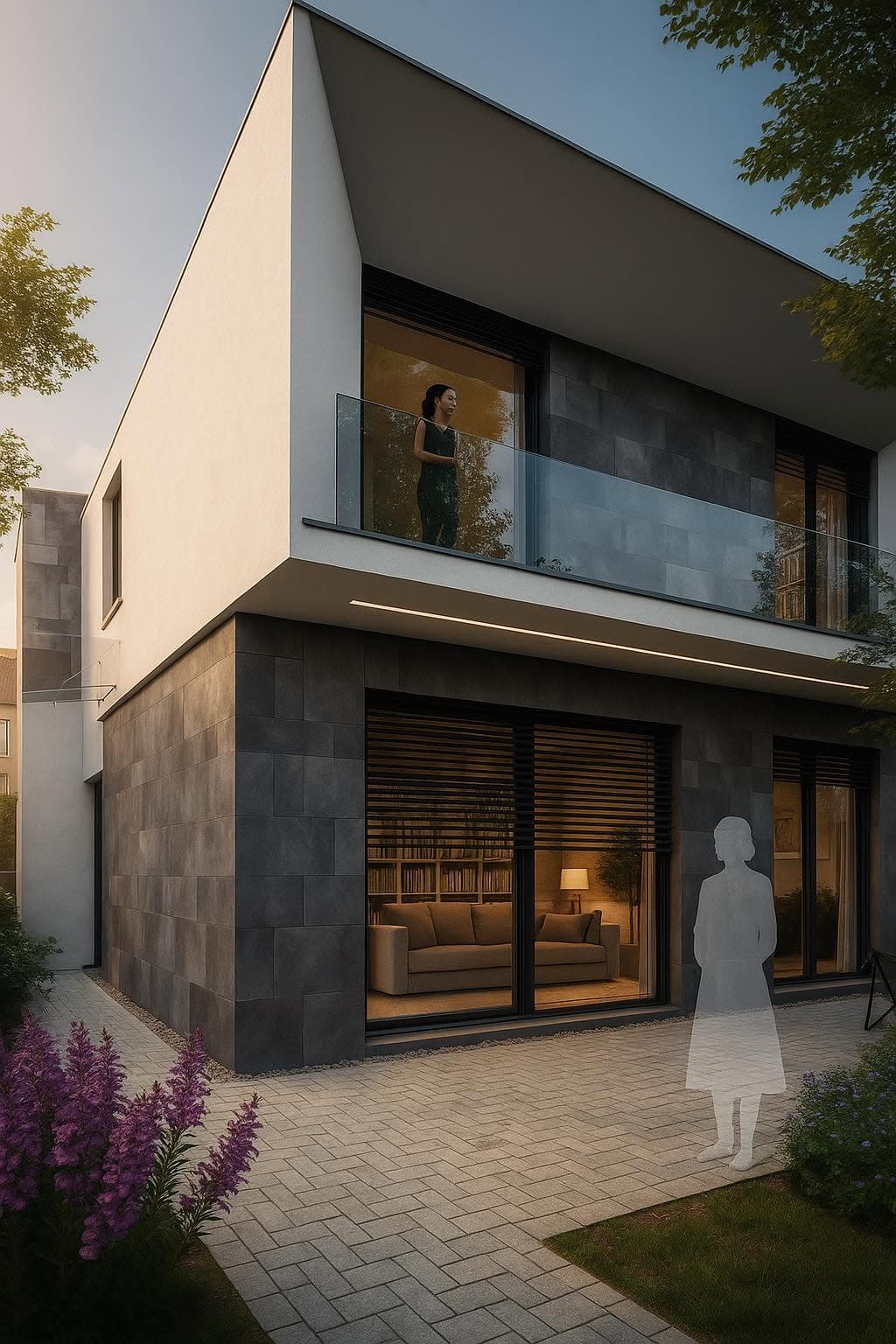 Cantilevered white volume, glass balcony and stone-clad ground floor