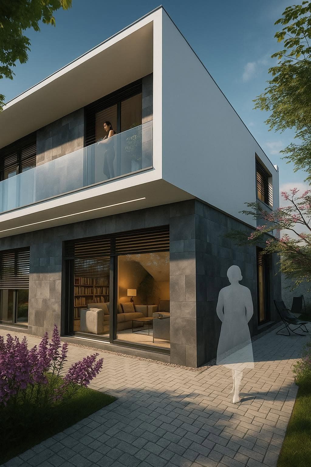 Garden elevation with sliding glazing and external blinds