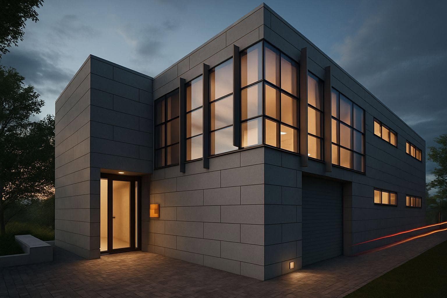 Cotton Fit commercial building with a glazed corner at dusk