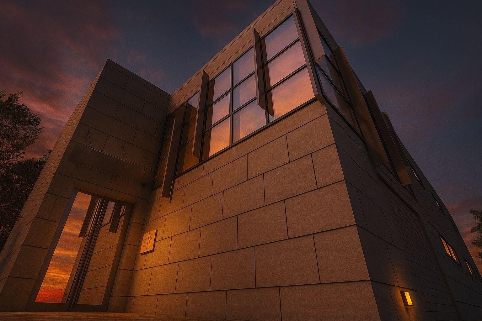 Illuminated corner glazing and vertical facade fins