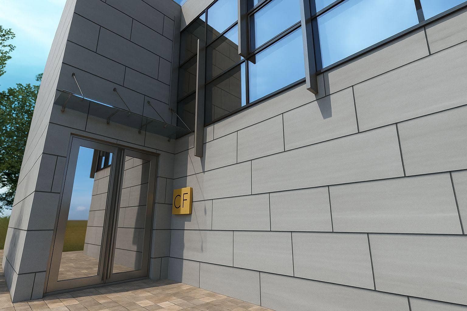 Entrance detail and modular grey facade panels