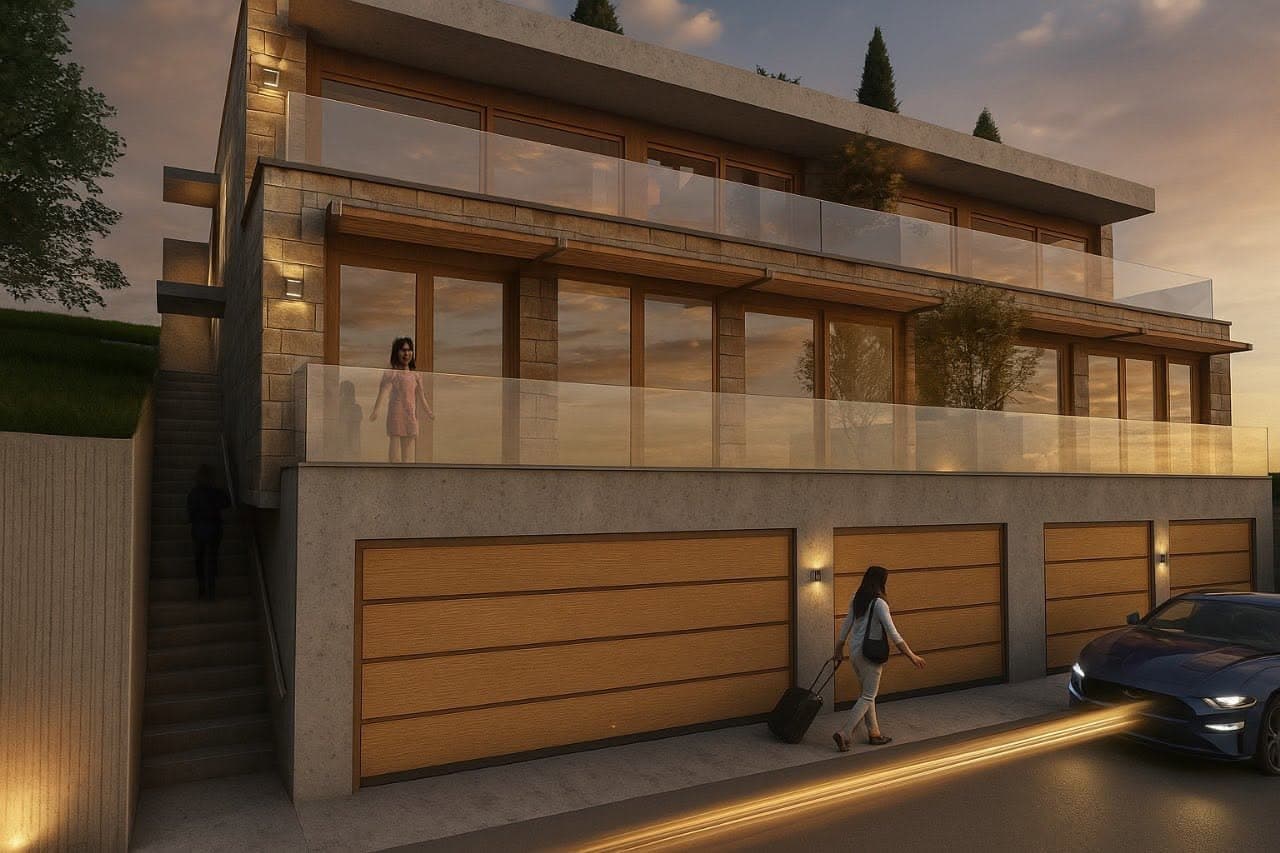 DS Villa stepping down its sloping site at dusk