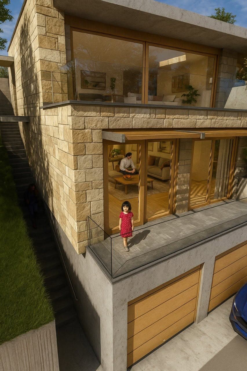 Stepped living spaces above the integrated garages