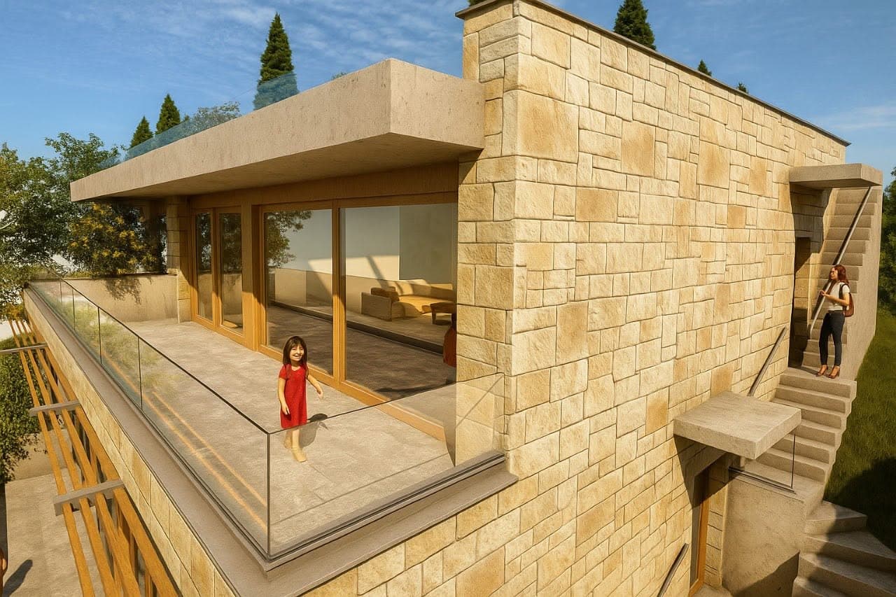 Stone-lined terrace wrapping the upper living level