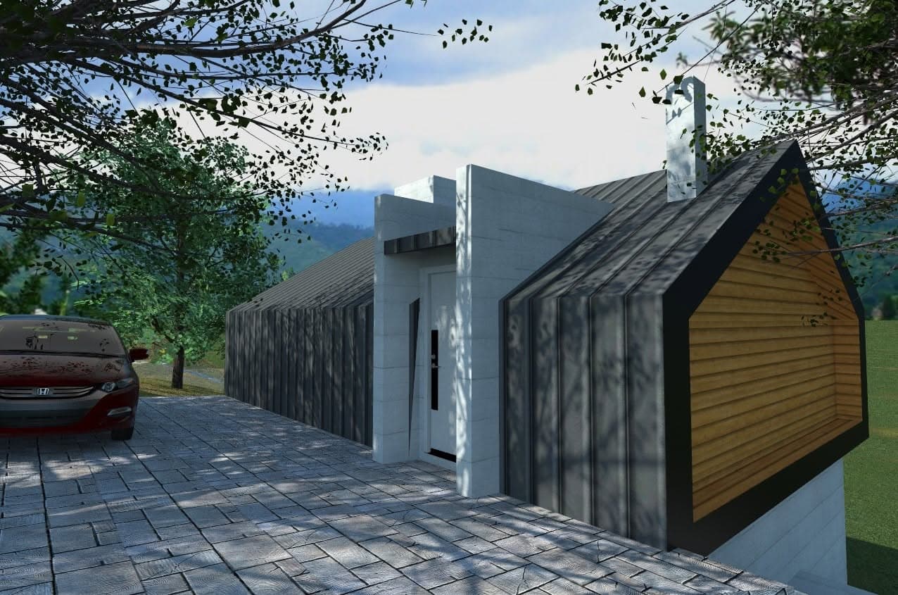 Anthracite-clad upper volume and timber gable from the approach