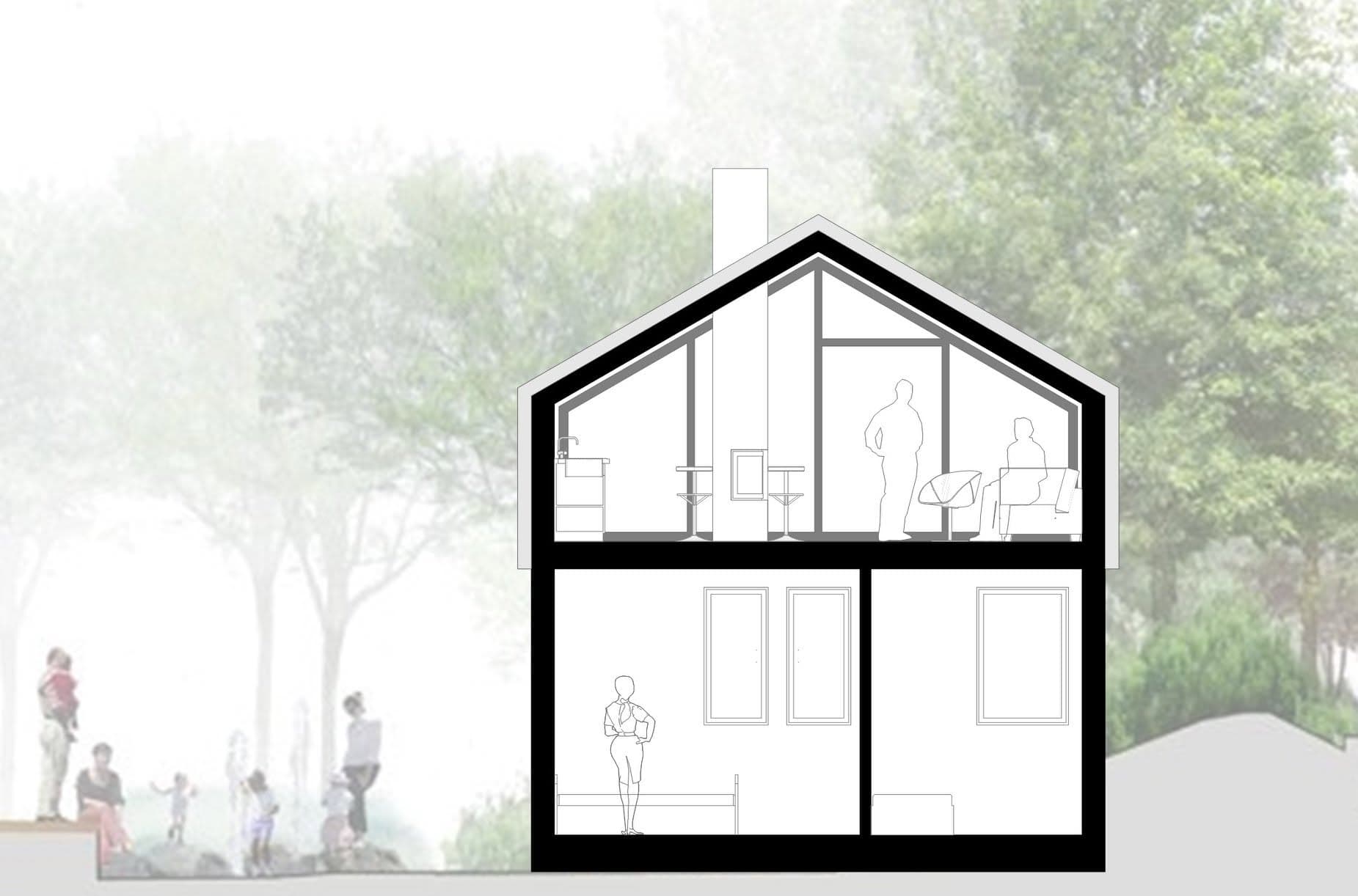 House elevation within the wooded site
