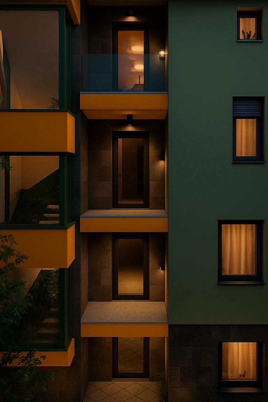 The renovated facade illuminated in the evening