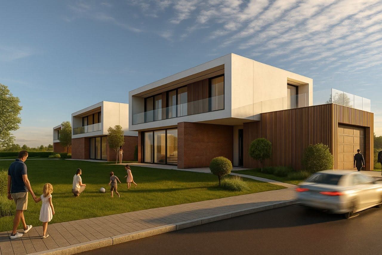 Hill Houses residences facing a shared green landscape