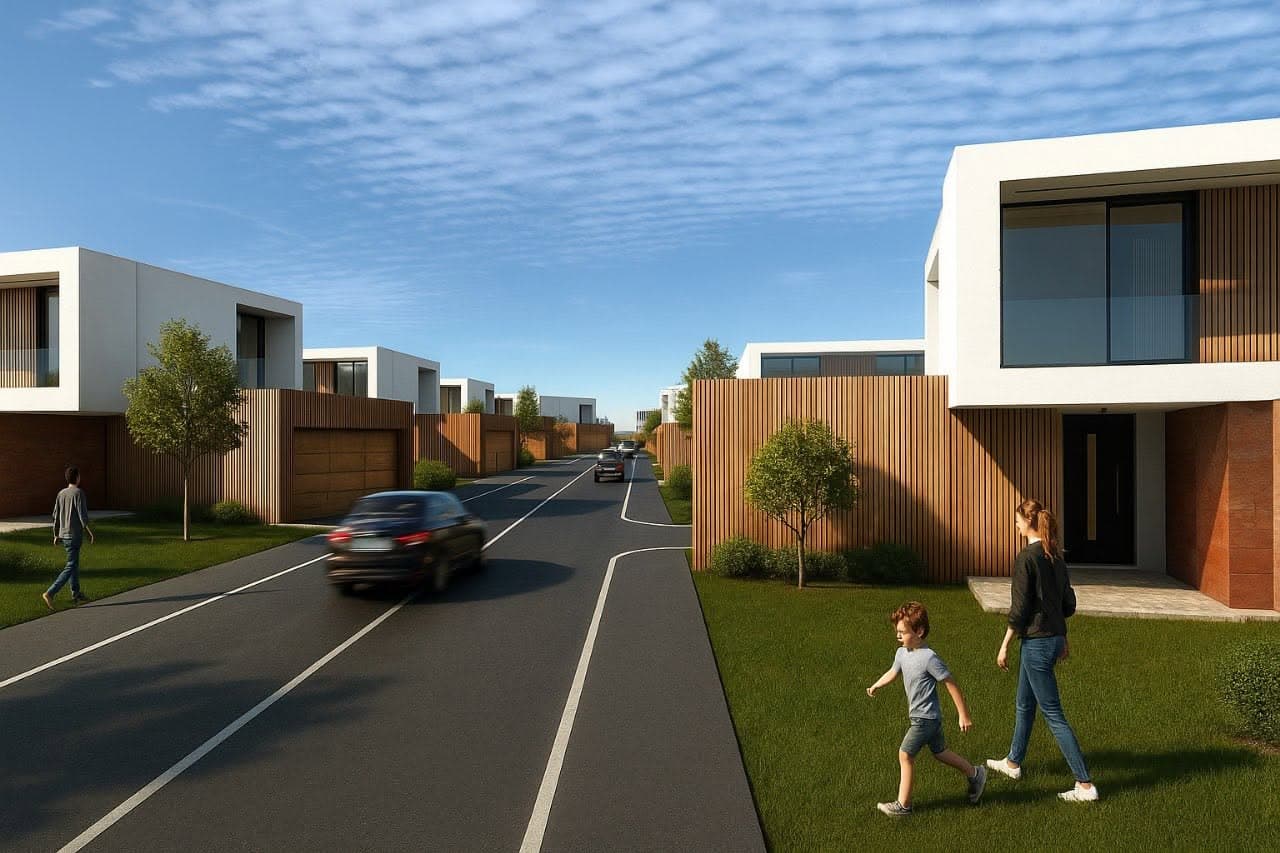 View along the landscaped street between the houses