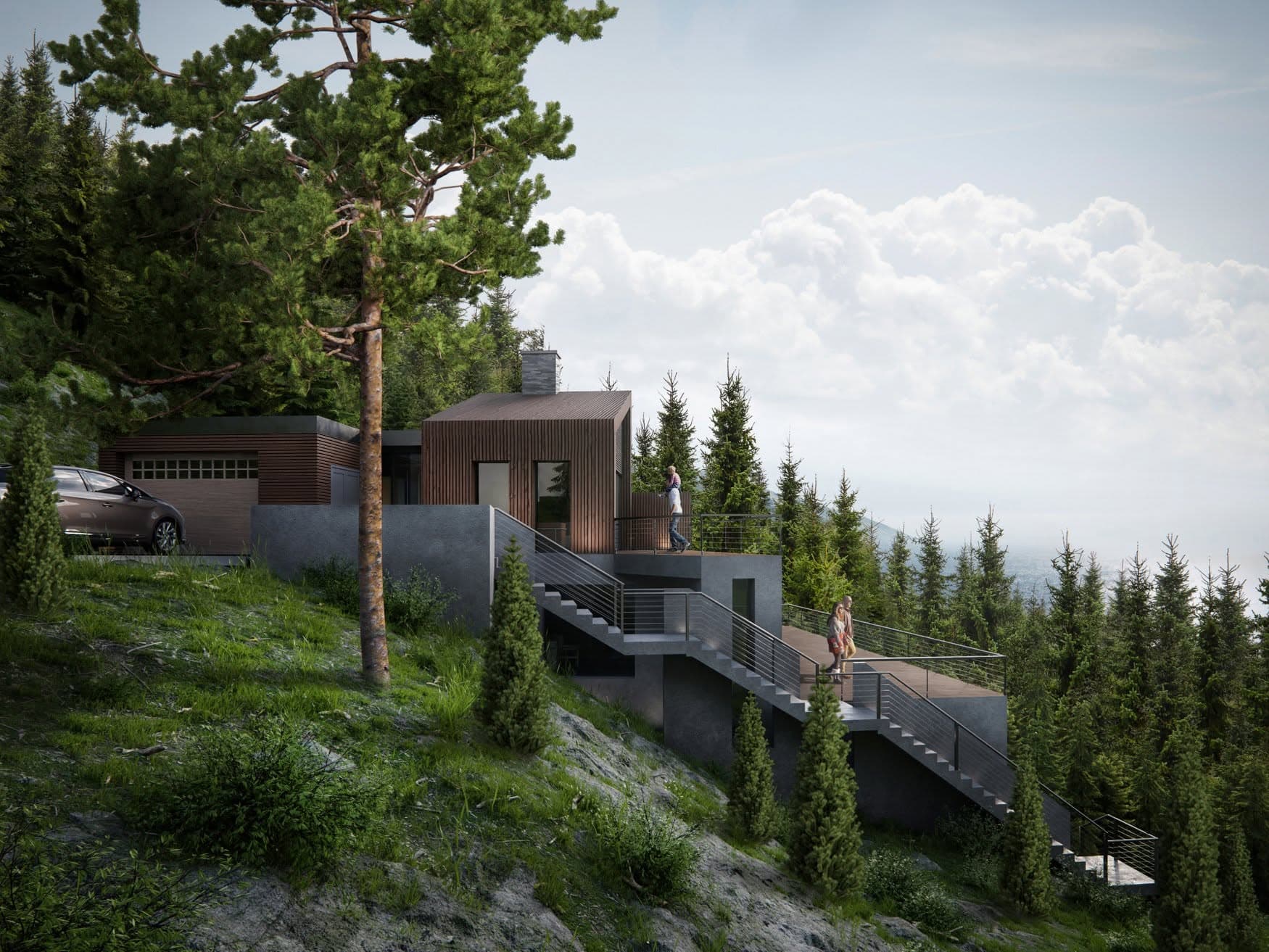 The stepped residence seen through the surrounding pine forest