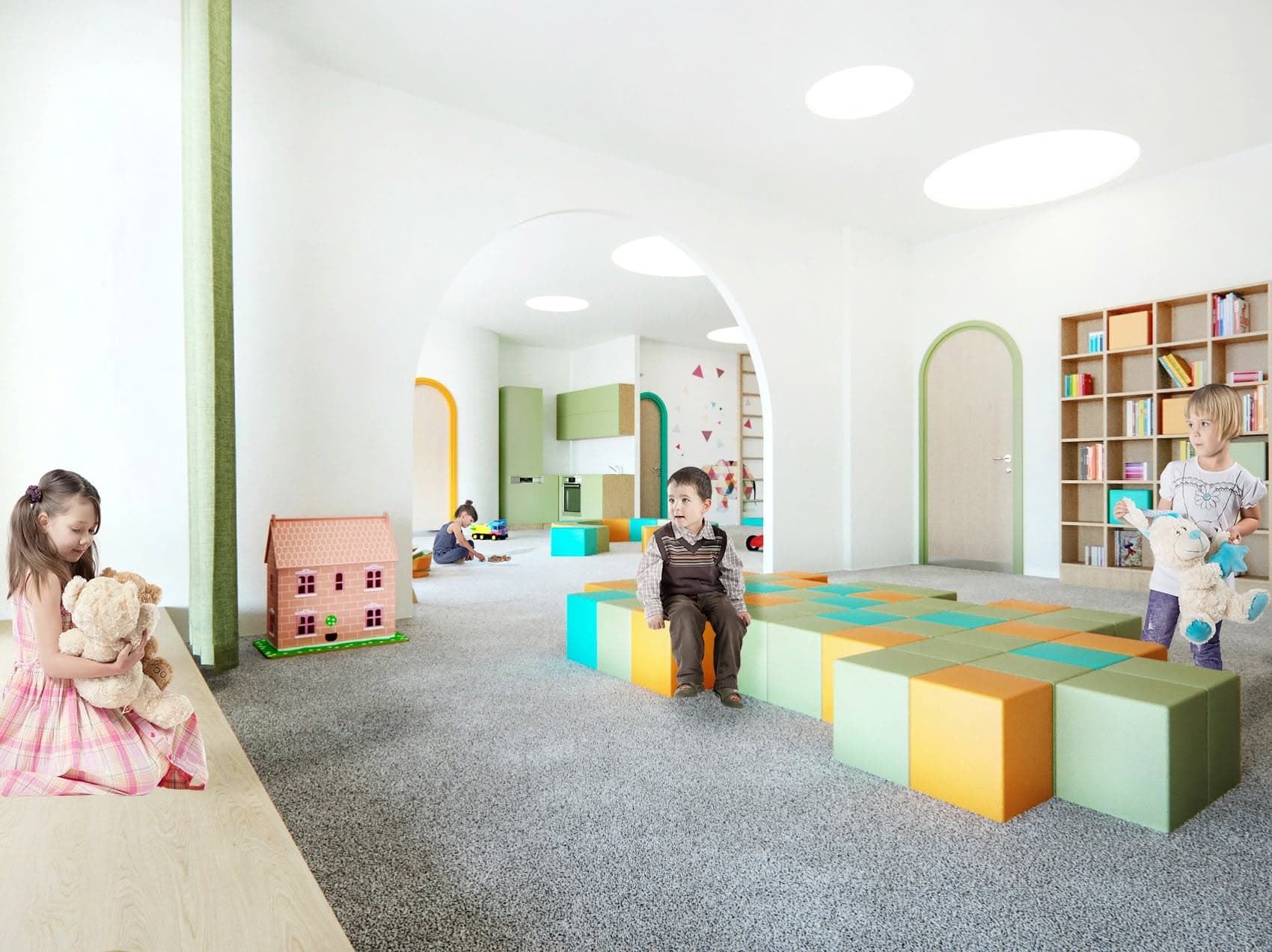 Q-K-F-2 learning and play space with curved modular seating