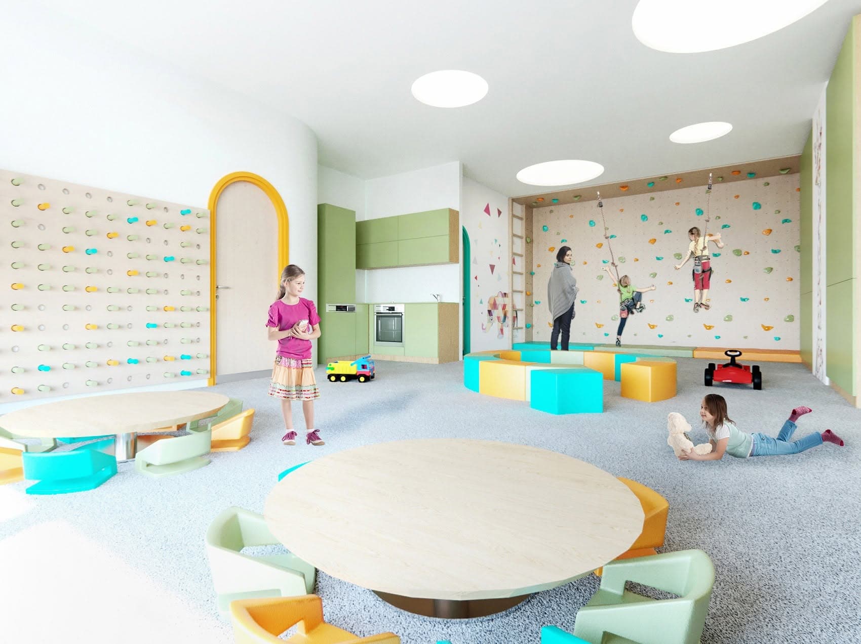 Flexible activity room connected by rounded openings