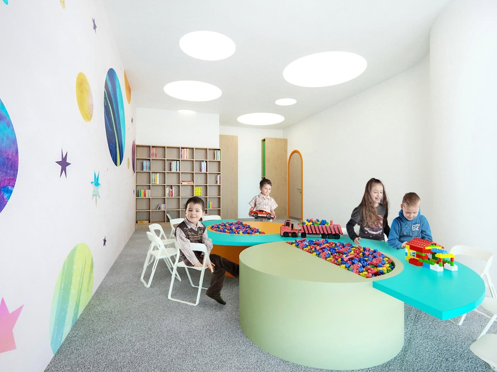 Children's activity table and colourful wall graphics