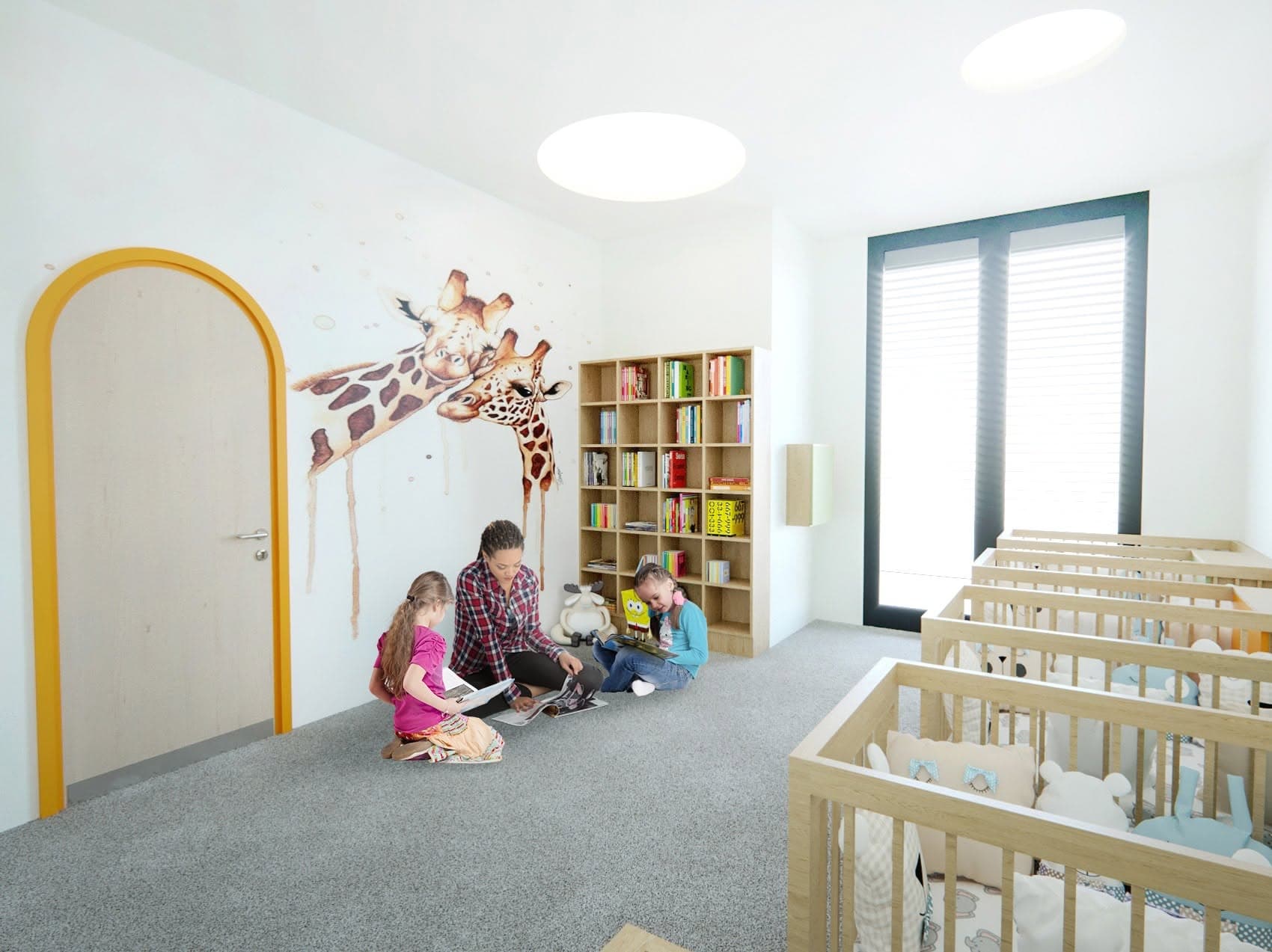 Reading and play corner with integrated shelving