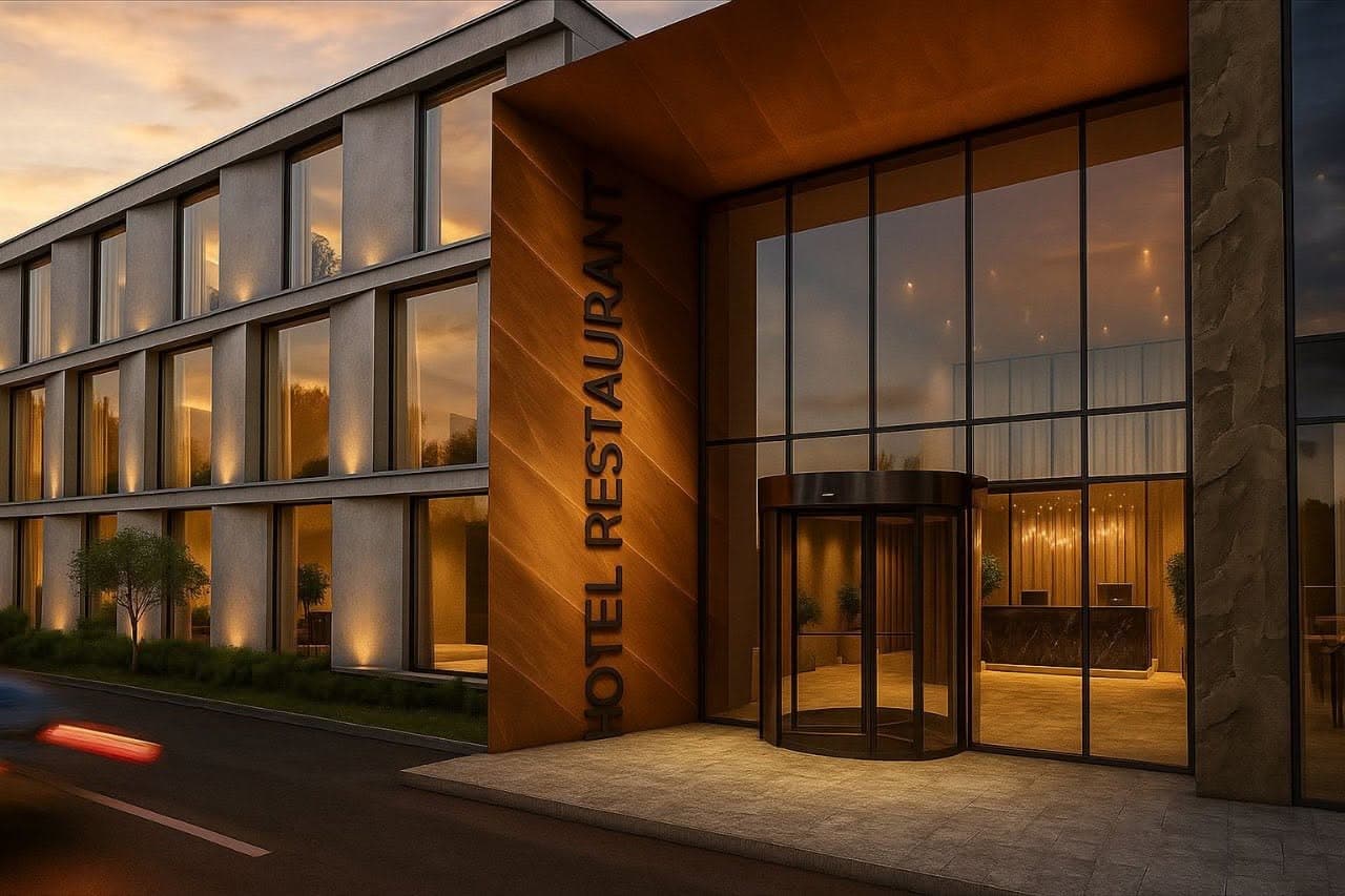 Rest Hotel entrance framed in warm metal at dusk