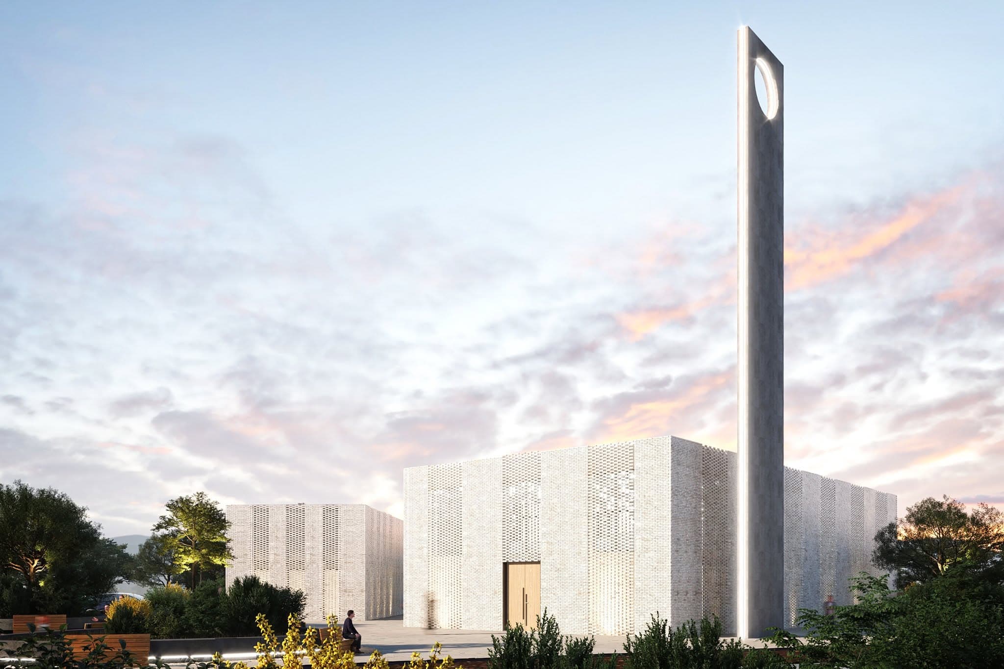 VR Mosque and its slender monolithic minaret at dusk