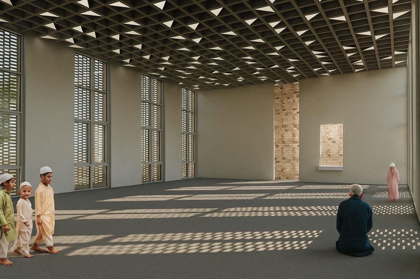 Prayer hall animated by patterned light and shadow