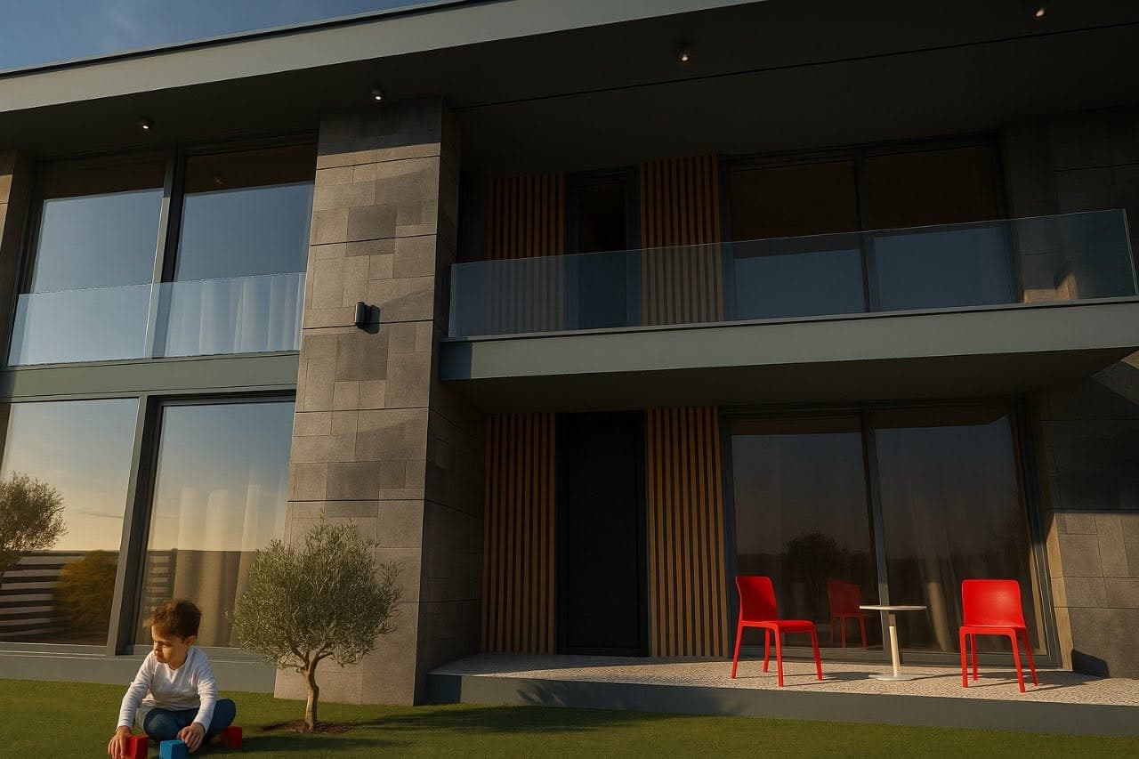 Full-height glazing, balcony and timber screens on the garden facade