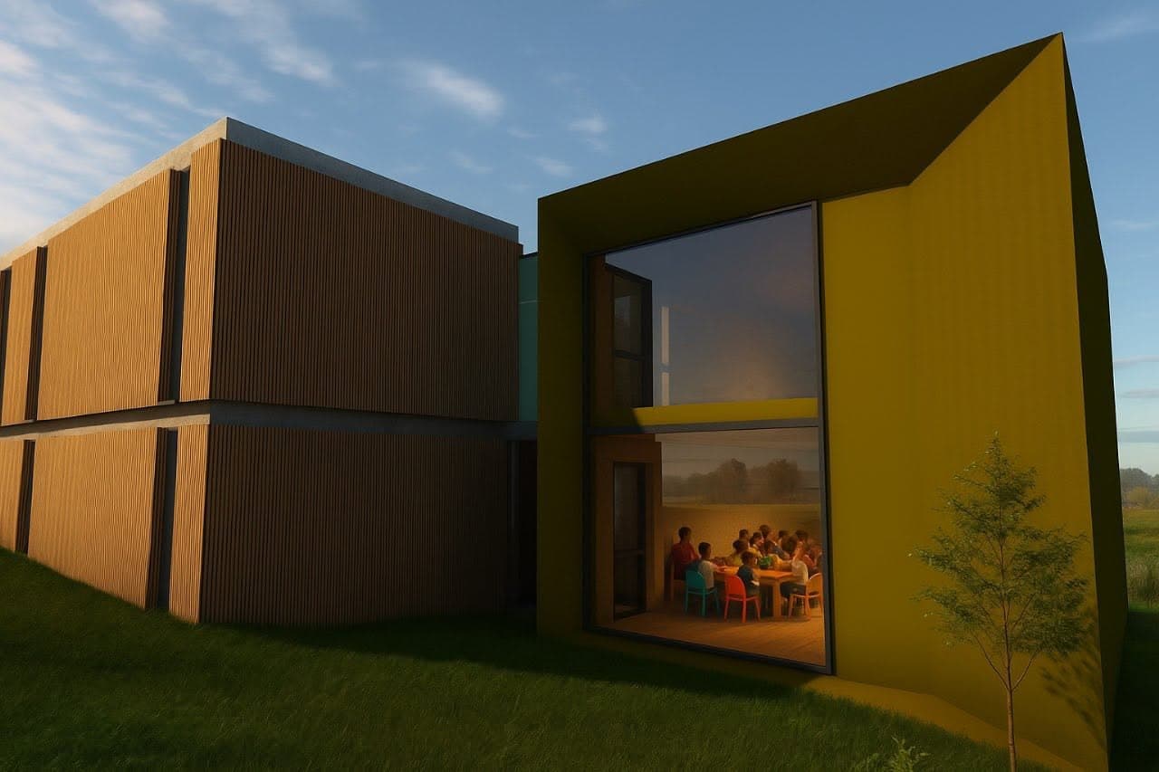 Timber-clad kindergarten wing beside a yellow classroom volume