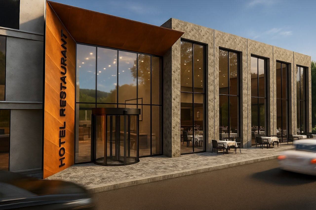 Hotel entrance and restaurant facade facing the street