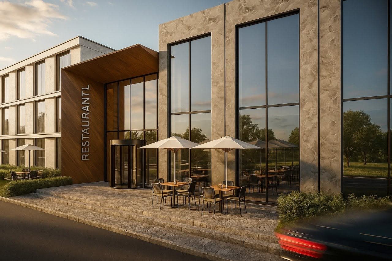 Restaurant terrace beside the glazed entrance hall
