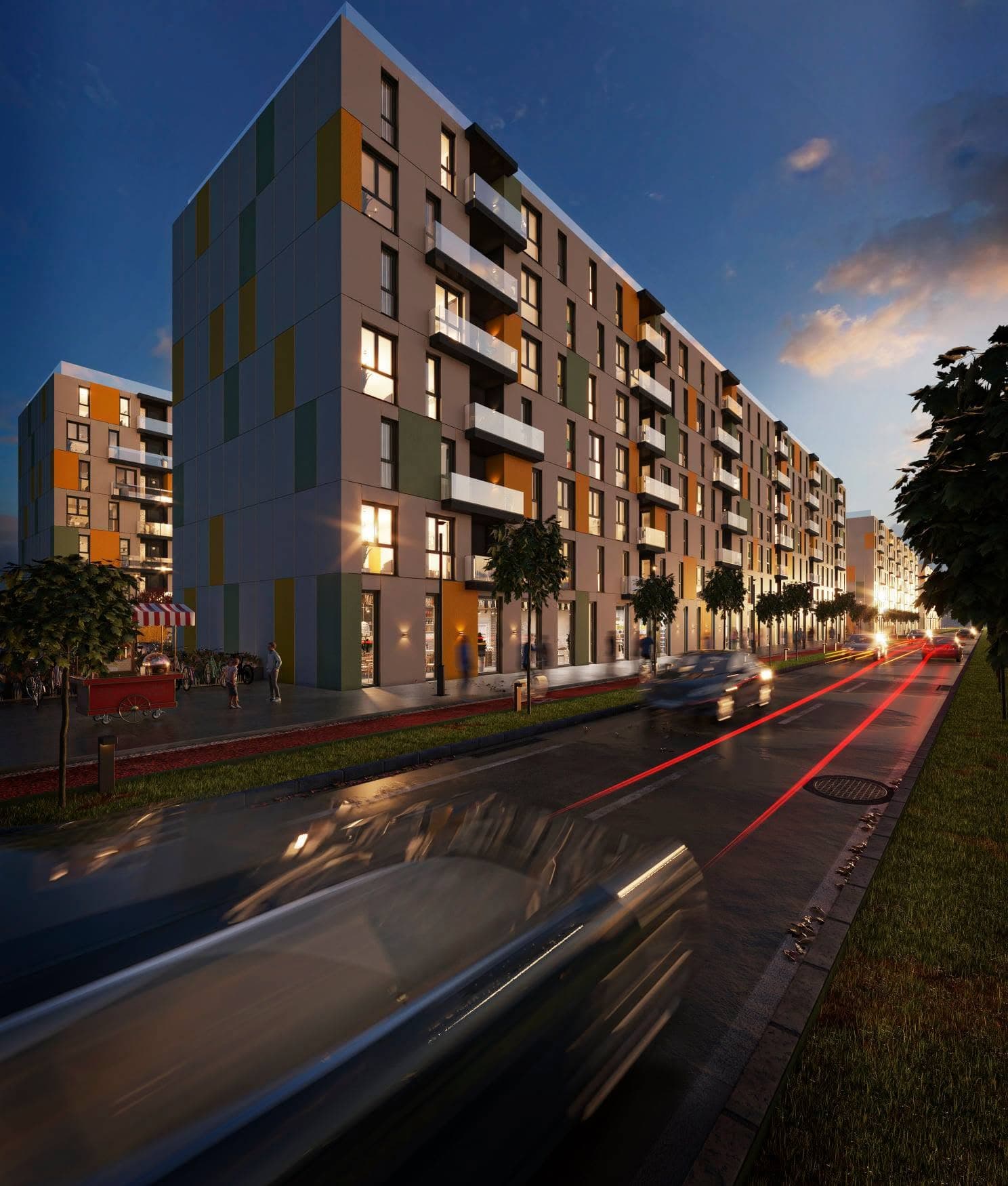 Housing volumes and active ground-floor frontage at dusk